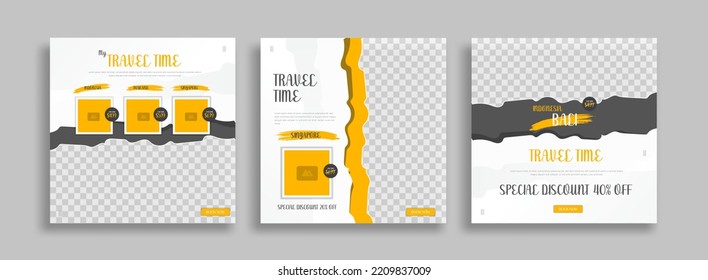 Travel Set of Editable minimal square banner template. black yellow white background color with geometric shapes for social media post, story and web internet ads. Vector illustration