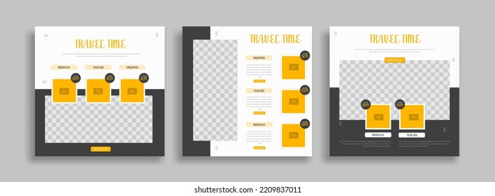 Travel Set of Editable minimal square banner template. black yellow white background color with geometric shapes for social media post, story and web internet ads. Vector illustration