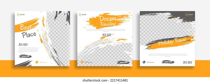 Travel Set of Editable minimal square banner template. black yellow white background color with geometric shapes for social media post, story and web internet ads. Vector illustration
