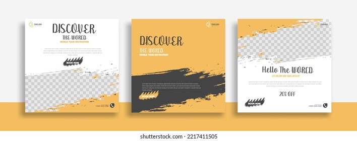Travel Set of Editable minimal square banner template. black yellow white background color with geometric shapes for social media post, story and web internet ads. Vector illustration