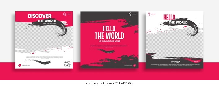 Travel Set of Editable minimal square banner template. black red white background color with geometric shapes for social media post, story and web internet ads. Vector illustration