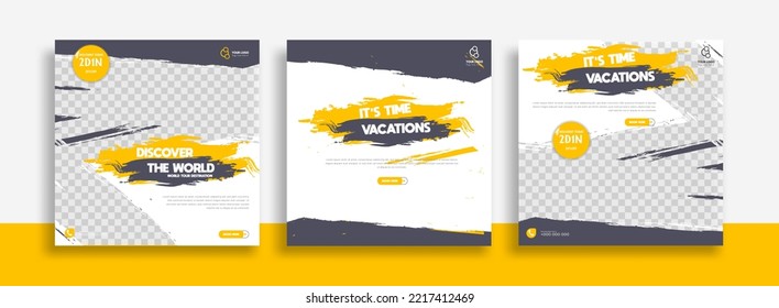 Travel Set of Editable minimal square banner template. black yellow white background color with geometric shapes for social media post, story and web internet ads. Vector illustration