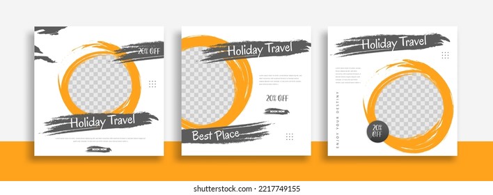 Travel Set of Editable minimal square banner template. black yellow white background color with geometric shapes for social media post, story and web internet ads. Vector illustration