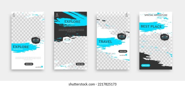 Travel Set of Editable minimal square banner template. black yellow white background color with geometric shapes for social media post, story and web internet ads. Vector illustration