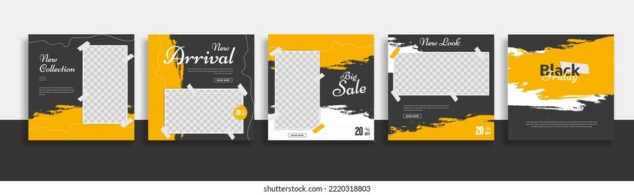 Travel Set of Editable minimal square banner template. black yellow white background color with geometric shapes for social media post, story and web internet ads. Vector illustration