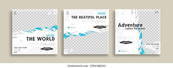 Travel Set of Editable minimal square banner template. Green yellow white background color with geometric shapes for social media post, story and web internet ads. Vector illustration