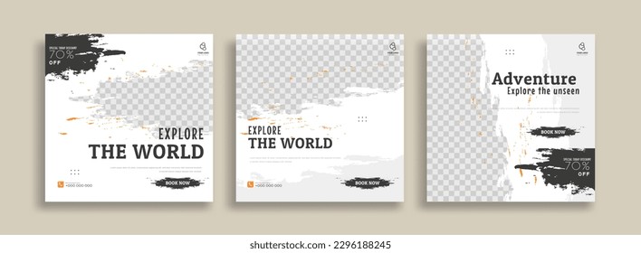 Travel Set of Editable minimal square banner template. Green yellow white background color with geometric shapes for social media post, story and web internet ads. Vector illustration
