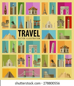 Travel. Set of elements - Italy, USA, America, New York, Russia, Moscow, Paris, France, Thailand, China, Japan, India, Germany, London, England, Egypt, Mexico