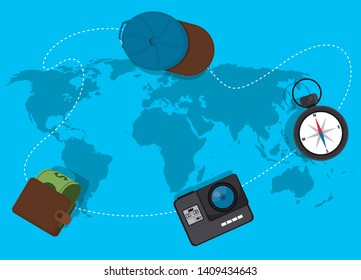 Travel set of elements on world map blue background vector illustration graphic design