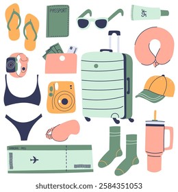 Travel set featuring essential items for a trip. Tourists objects bundle, suitcases, bags, bikini, money,hat.