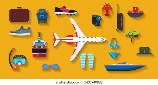 Travel set flat icon holiday symbol vacation. Summer globe business trip tourist journey. Collection element sea tour recreation cruise