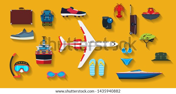 Travel set flat icon holiday symbol vacation.\
Summer globe business trip tourist journey. Collection element sea\
tour recreation cruise