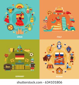 Travel set of four square compositions with flat national characters and symbols of various european countries vector illustration