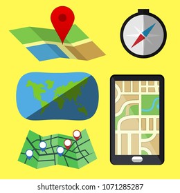 Travel set, GPS, map with location symbol
