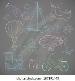 Travel set. Ground, water and air vehicle on light background.