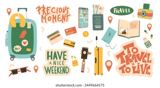 Travel set with hand drawn lettering quotes stickers. Tourism accessories collection. Trip elements isolated on white background. Holiday weekend vacation. Vector flat illustration.