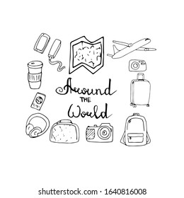 Travel set with hand drawn outline elements: airplane, camera, passport, map, luggage. Travel icon set with text around the world