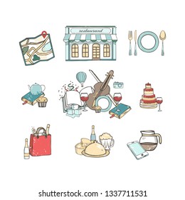 Travel set hand drawn restaurant icons set, flat illustration grunge texture isolated clip art on white background