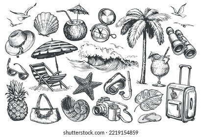 Travel set. Hand drawn vector illustrations in vintage sketch style. Summer tour, vacation, beach holiday concept