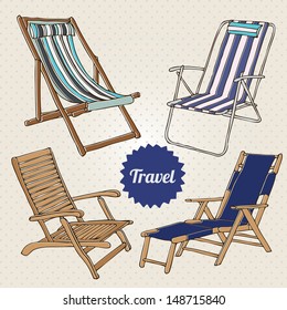 Travel set with hand-drawn beach chairs in retro style