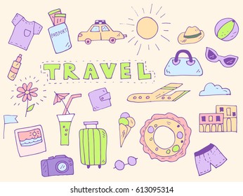 Travel set of hand-drawn items. Vector illustration.