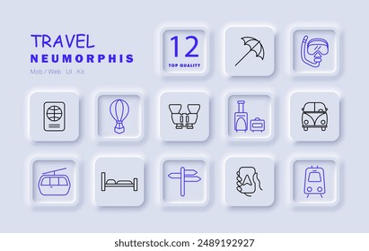 Travel set icon. Binoculars, snorkel, map, van, passport, train, umbrella, suitcase, bed, signpost, cable car, balloon.