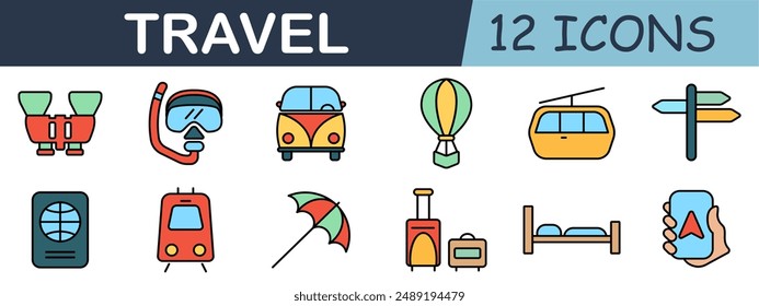 Travel set icon. Binoculars, snorkel, van, hot air balloon, cable car, signpost, passport, train, beach umbrella, luggage, hotel, map.