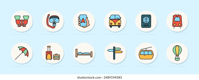 Travel set icon. Binoculars, snorkel, navigation, car, passport, train, umbrella, suitcase, hotel, signpost, cable car, balloon, adventure, vacation, holiday, journey, travel equipment.