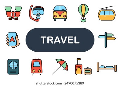 Icono de set de viaje. Binoculares, snorkeling, furgoneta, globo aerostático, teleférico, GPS, pasaporte, tren, paraguas, equipaje, señalización, hotel.