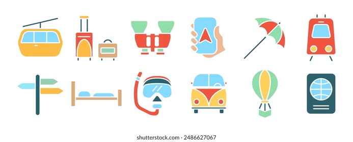 Icono de set de viaje. Teleférico, equipaje, binoculares, smartphone, sombrilla de playa, tranvía, poste de señalización, cama, snorkel, coche, globo aerostático, pasaporte. Concepto de turismo y vacaciones.