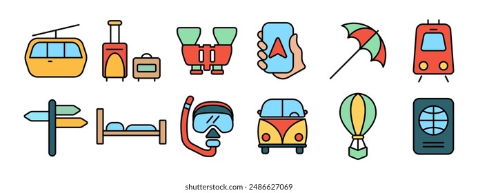 Icono de set de viaje. Teleférico, equipaje, binoculares, smartphone, sombrilla de playa, tranvía, poste de señalización, cama, snorkel, coche, globo aerostático, pasaporte. Concepto de turismo y vacaciones.