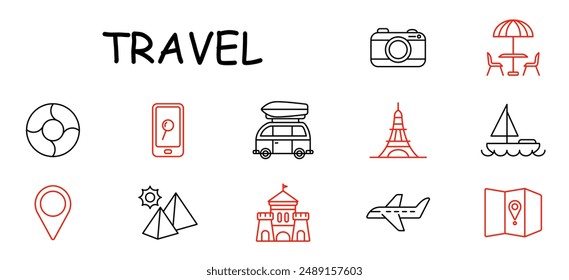 Travel set icon. Camera, lifebuoy, phone, car with luggage, tower, boat, dining, map, sun, pyramid, castle, airplane.
