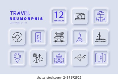 Travel set icon. Camper van, outdoor table, sailboat, location pin, airplane, map, camera, Eiffel Tower, pyramid, lifebuoy, search, castle.