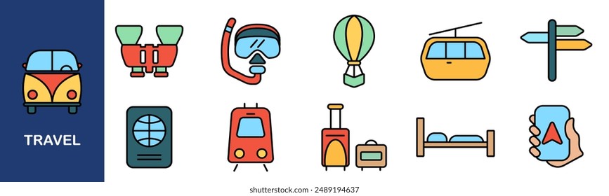 Icono de set de viaje. Coche, buceo, globo aerostático, teleférico, señalización, pasaporte, tren, equipaje, hotel, App de mapas.