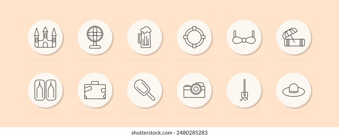 Travel set icon. Castle, globe, beer, life preserver, bikini, beach mat, flip-flops, luggage, ice cream, camera, shovel, hat. Vacation, tourism concept. Vector line icon on peach background.