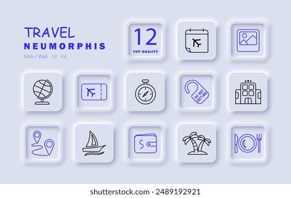 Travel set icon. Compass, photo, hotel, airplane ticket, map pins, wallet, palm trees, globe, plate, calendar, do not disturb, boat.