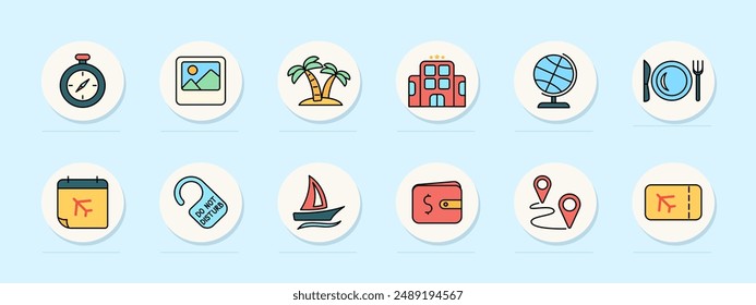 Travel set icon. Compass, photo, beach, hotel, globe, dining, boarding pass, do not disturb sign, sailboat, wallet, route, ticket, vacation, tourism, travel, adventure, journey.