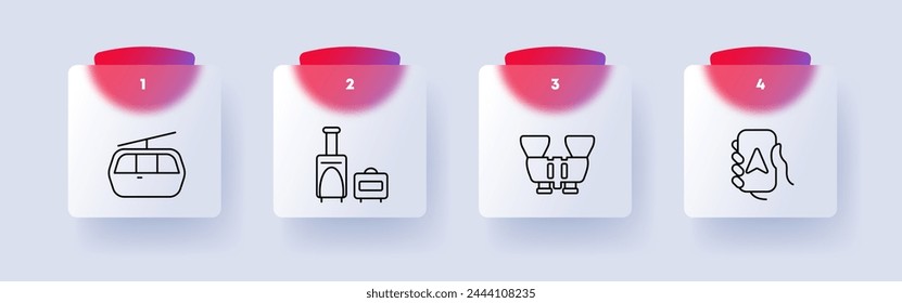 Travel set icon. Funicular, cable, cabin, fork, pointer, sign, binoculars, lens, numbering, stove, firewood, hobby, rest. Tourism and wandering concept. Glassmorphism style.