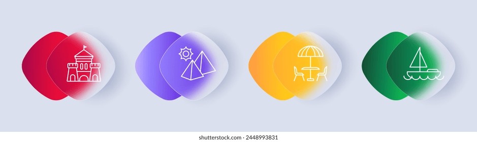 Travel set icon. Landmark, sun, castle, ancient building, pyramids, cafe, table, chair, umbrella, yacht, sailboat, ship, gradient, hobby, rest. Tourism and wandering concept. Glassmorphism style.