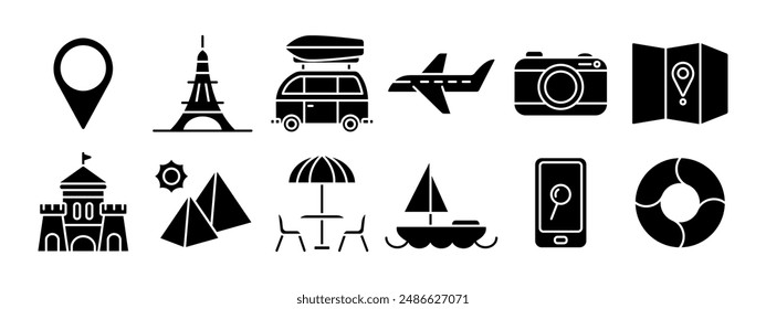 Travel set icon. Location pin, Eiffel Tower, camper van, airplane, camera, map, castle, pyramids, beach umbrella, sailboat, smartphone, lifebuoy. Tourism and vacation concept.