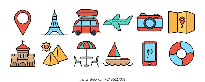 Travel set icon. Location pin, Eiffel Tower, camper van, airplane, camera, map, castle, pyramids, beach umbrella, sailboat, smartphone, lifebuoy. Tourism and vacation concept.