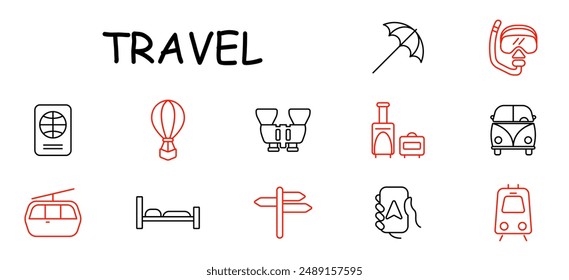 Icono de set de viaje. Pasaporte, globo aerostático, binoculares, equipaje, furgoneta, snorkel, teleférico, hotel, señalización, GPS, tren.