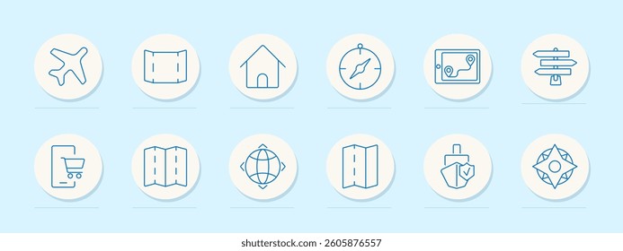 Travel set icon. Plane, ticket, house, compass, gps, map, shopping, navigation, direction, symbolizing tourism, journey, accommodation, orientation, explore