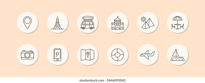 Travel set icon. Sights, geolocation, castle, pyramids, sun, tourism, Eiffel Tower, map, location, culture, yacht, plane, camera, search, phone, car, recreation, entertainment. Vector line icon.
