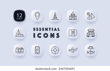 Travel set icon. Sights, geolocation, castle, pyramids, sun, tourism, Eiffel Tower, map, location, culture, yacht, plane, camera, search, phone, car, recreation, entertainment. Neomorphism style.