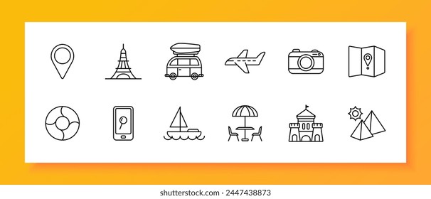 Travel set icon. Sights, geolocation, castle, pyramids, sun, tourism, Eiffel Tower, map, location, culture, yacht, plane, camera, search, phone, car, recreation, entertainment. Vector line icon.