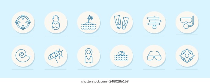 Travel set icon. Snorkel, fins, shell, pineapple, island, map, and sunglasses. Vacation, adventure, tourism concept.