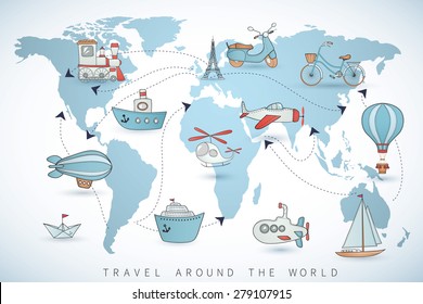 Travel set. Icons collection on the world map.