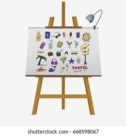 Travel set icons in color on easel. Hand drawn vector stock illustration