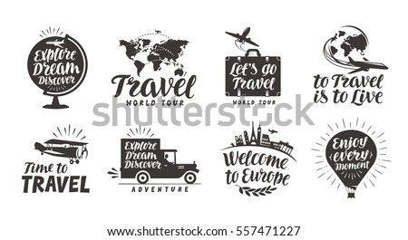 Travel set icons. Handwritten lettering. Label vector illustration